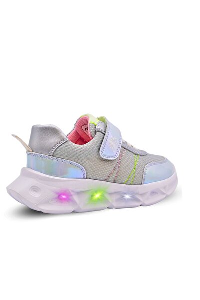 kids A more Valeria Silvery Air Mesh and Vegan Leather Lighted Sole Girls' Sports Shoes Ice Color