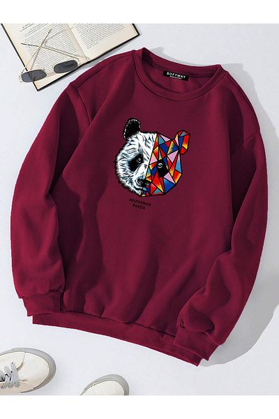 SOFTWAY Унисекс суитшърт с щампа на панда Heiparman Oversize – бордо червен