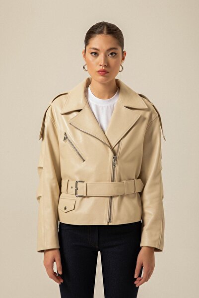 rue Kemerli Biker Ekru Deri Ceket