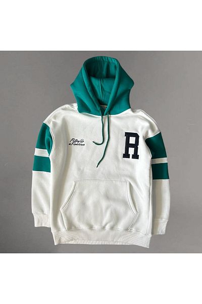 Valiberta Hooded Sweatshirt with Striped Sleeves and Ribbon Inside - Ecru