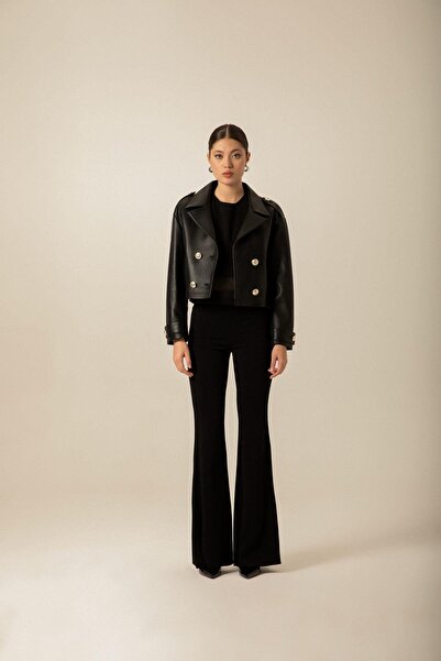 rue Black Leather Jacket with Front Button Detail