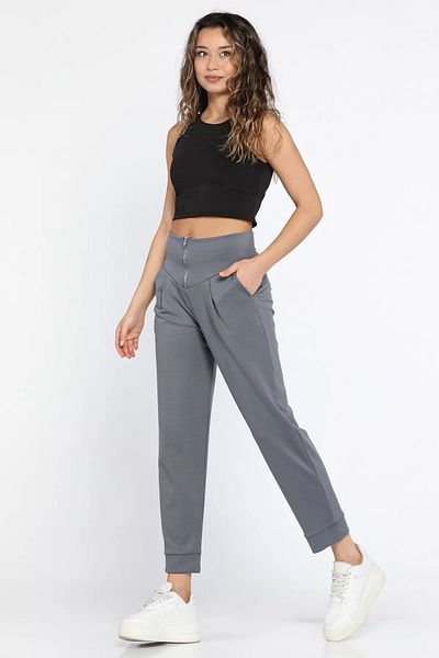 GÜLSELİ Pantaloni de damă gri cu fermoar cu pliuri