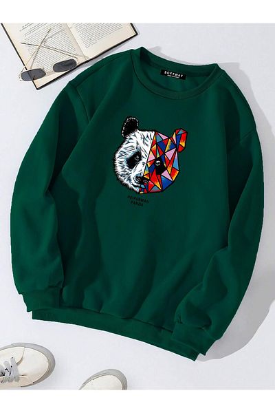 SOFTWAY Σκούρο πράσινο Unisex Oversize Panda εμπριμέ φούτερ Heiparman - Crew Neck