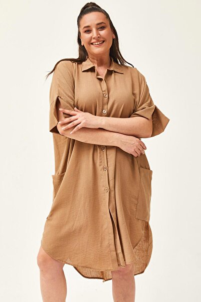 Ebsumu Γυναικείο φόρεμα με χαμηλό μανίκι, εξαιρετικά άνετο λινό πουκάμισο Camel