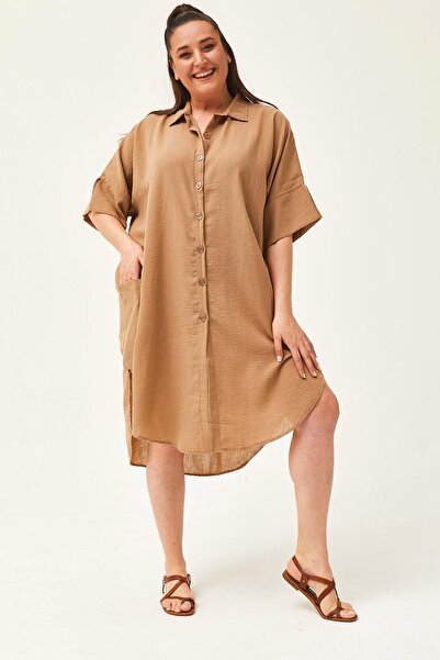 Ebsumu Γυναικείο φόρεμα με χαμηλό μανίκι, εξαιρετικά άνετο λινό πουκάμισο Camel