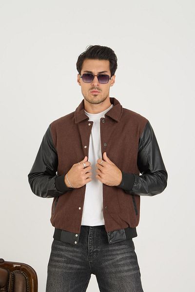 DAMGA JEANS Мъжко кашмирено, памучно, кожено яке с ръкави, кафяво колежанско яке