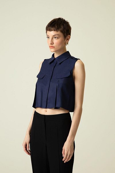 rue. Navy Blue Crop Shirt - Pocket Cover Detail