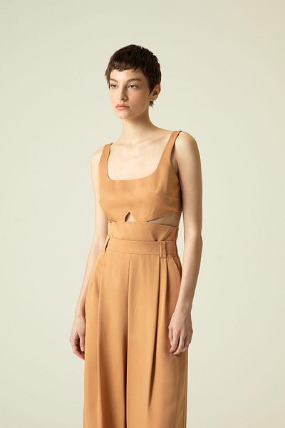 rue Square Collar and Low-cut Detailed Cinnamon Jumpsuit