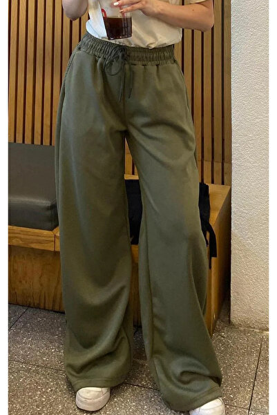 DTBUTİK Haki Ayarlanabilir Bel Bol Paça Rahat Kesim Basic Kadın Eşofman Altı