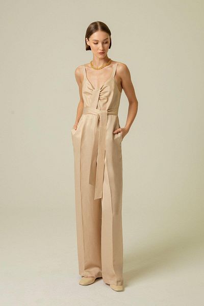 rue Beige Strap Jumpsuit - Front Tie Detail