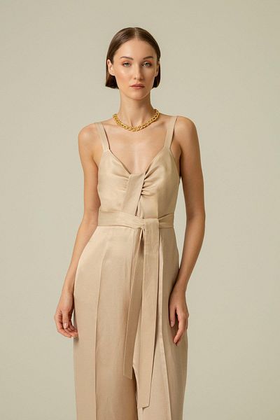 rue Beige Strap Jumpsuit - Front Tie Detail