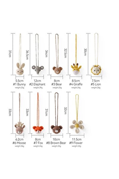 afralya home 1 adet Amigurumi askılı oyuncak, örgü figürlü emzik askısı hayvan figürlü çok amaçlı organik oyuncak