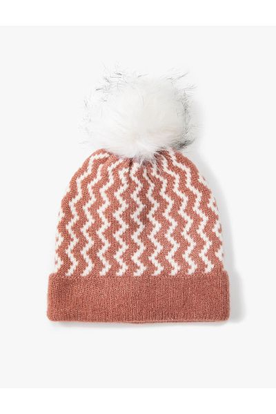 Koton Knitted Beanie with Color Block and Plush Pompom Detail