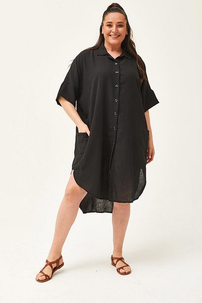 Ebsumu Women's Plus Size Low Sleeve Extra Comfortable Fit Linen Black Shirt Dress