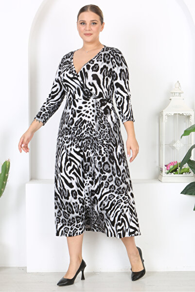 Madwilo Women's Gray Black Leopard Pattern Maxi Length Double Breasted Collar Long Sleeve Plus Size Dress