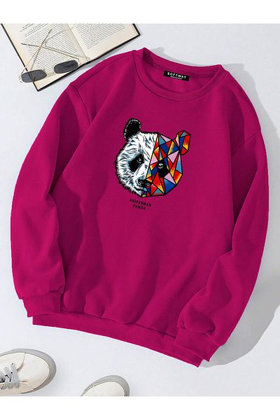 SOFTWAY Φούξια Πολύχρωμο Unisex Oversize Panda εμπριμέ Heiparman φούτερ - Crew Neck