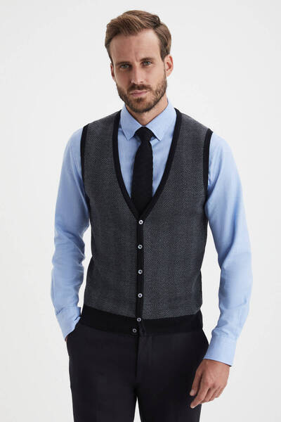 Hemington Çizgi Desenli Siyah Merino Yün Triko Yelek