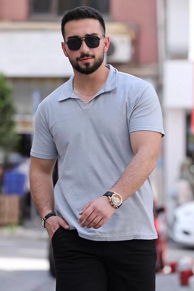 MİSHAR İTALİA Ανδρικό T-Shirt με γκρι Lycra Polo Neck