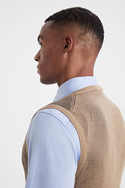 Hemington Stripe Patterned Camel Merino Wool Knitwear Vest