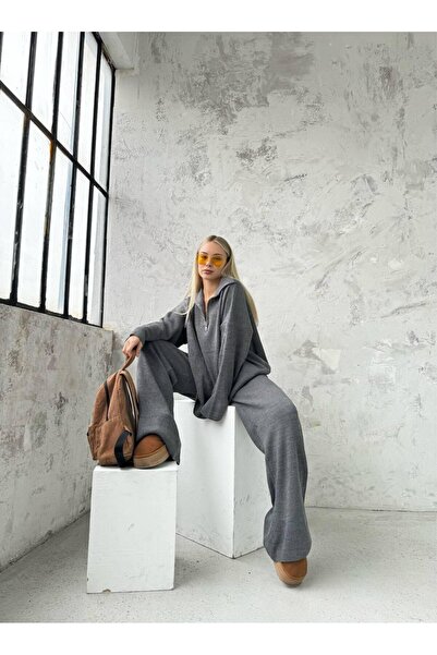 Genel Markalar Örgü Detaylı Oversize Kazak Pantolon Triko Alt-üst Takım