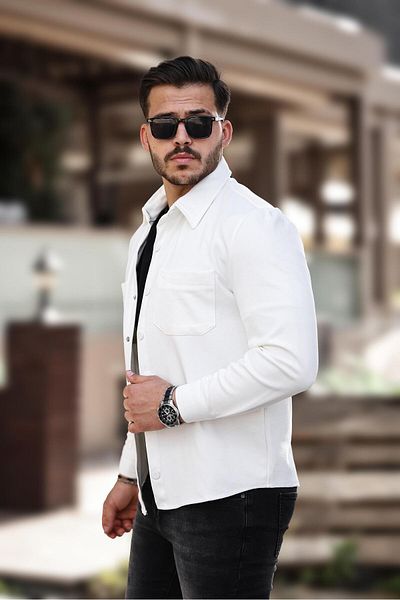 Miron Λευκό μπουφάν με υφή Pique - Γιακάς πουκάμισου, Τσέπες, Κανονική Εφαρμογή - 2314