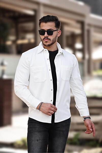 Miron Λευκό μπουφάν με υφή Pique - Γιακάς πουκάμισου, Τσέπες, Κανονική Εφαρμογή - 2314