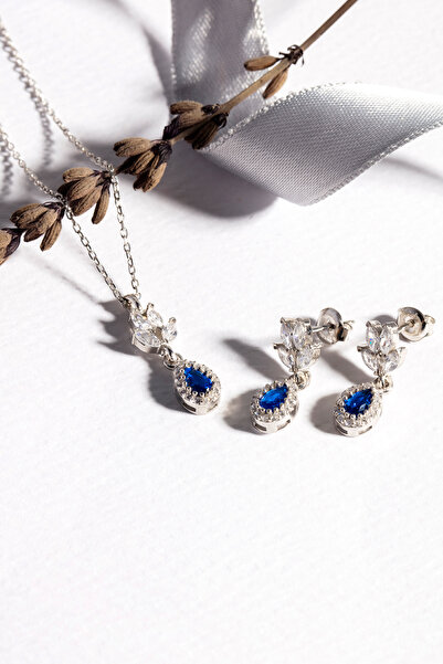 Else Silver Markiz Pırlanta Modeli Damla Taş Sallantılı Takı Seti - Mavi