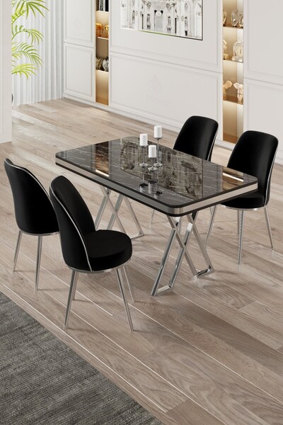 Canisa Vals Serisi 80x130 Lak Panel Siyah Mermer Desen Masa Takımı Krom Ayaklı 4 Siyah Sandalye