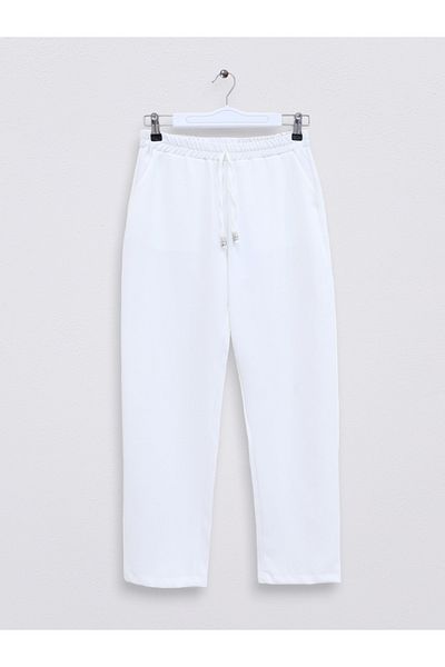 Modamorfo Elastic Waist Double Pocket Trousers with Lace Detail - White