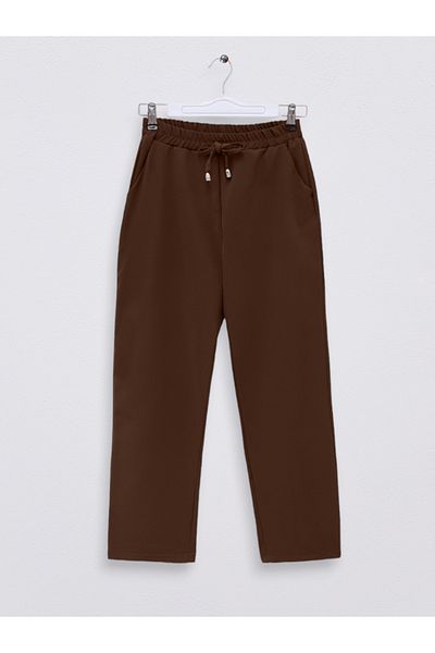 Modamorfo Elastic Waist Double Pocket Lace Detailed Trousers - Coffee