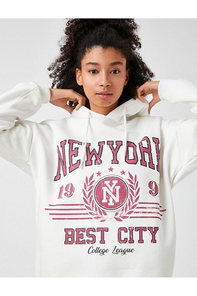 Koton Oversize Hooded Sweatshirt With Pockets Printed Inside Fleece