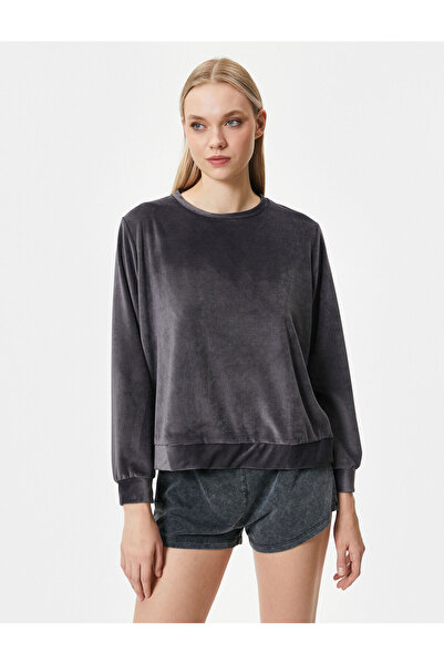 Koton Kışlık Pijama Üstü Kadife Yumuşak Dokulu Uzun Kollu Bisiklet Yaka