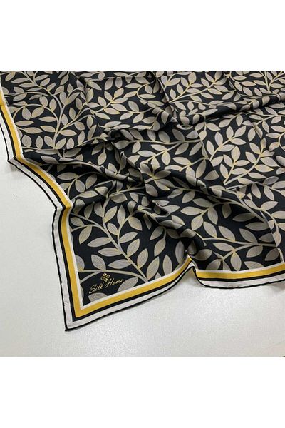 Silk Home Black Leaf Patterned Tivil Silk Scarf 11397-45
