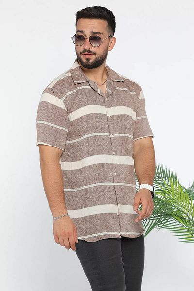 MİSHAR İTALİA Λινό πουκάμισο με σχέδιο καφέ Slim Fit