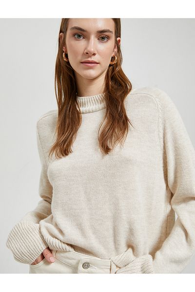 Koton Crop-Strickpullover mit hohem Kragen und langen Ärmeln aus Kaschmir mit Struktur