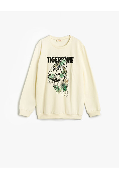 Koton Sweatshirt Bisiklet Yaka Kaplan Baskılı Uzun Kollu Şardonlu
