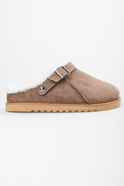 Shoeberry Flache Damen-Hausschuhe Saboi aus Nerz-Wildleder mit Fell innen