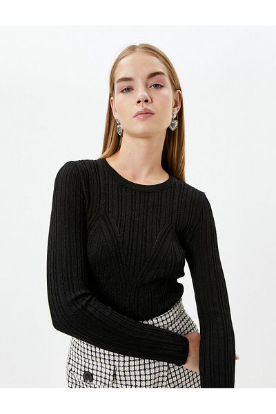 Koton Slim Fit Strickpullover Langarm Rundhals Lurex Detail