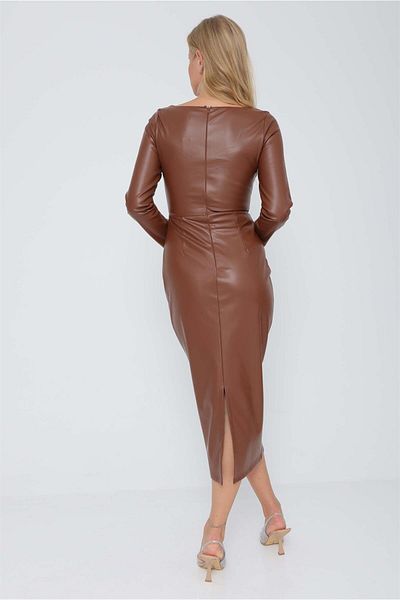 Coral Tan Color Heart Collar Leather Dress