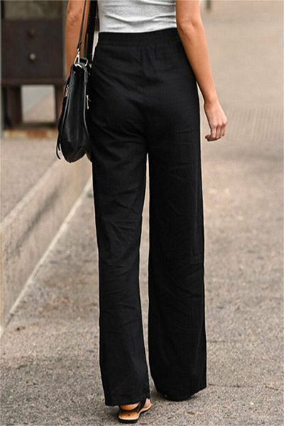 diaves Women's Elastic Waist Belt Detail Linen Trousers