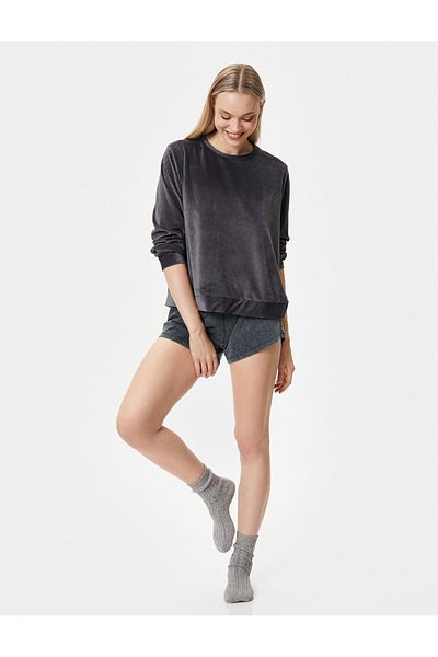 Koton Winter-Pyjama-Oberteil, samtweich, strukturiert, langärmlig, Rundhalsausschnitt