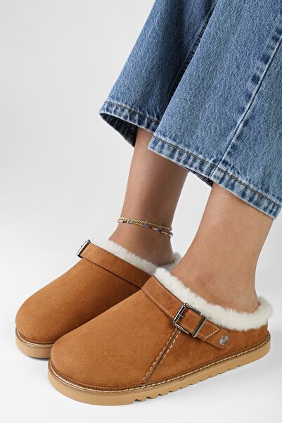 Shoeberry Women's Saboi Tan Suede Furry Flat Slippers