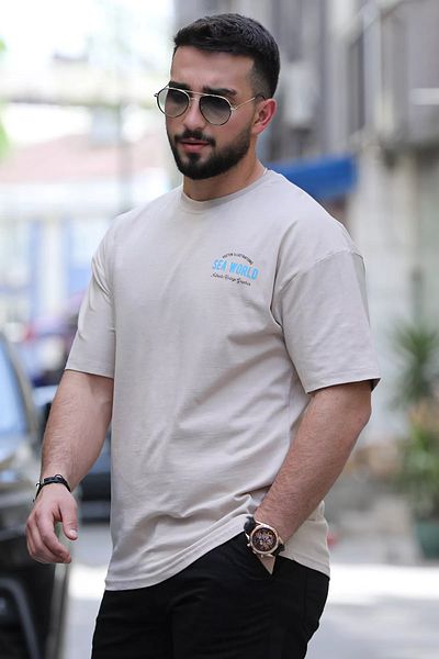 MİSHAR İTALİA Μπεζ ανδρικό μπλουζάκι με στάμπα μπροστά και πίσω