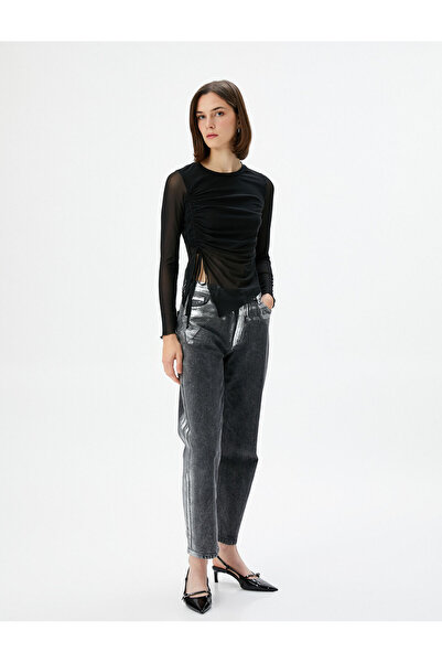 Koton Tricou din tul cu croială asimetrică, cu drapaj, cu mânecă lungă, cu de...