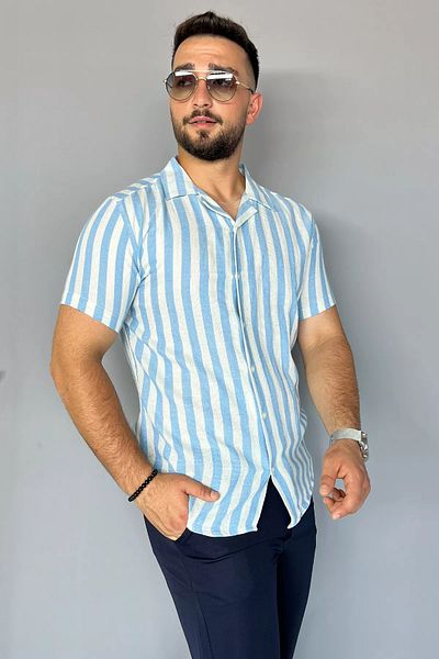 MİSHAR İTALİA Ανδρικό πουκάμισο μπλε Slim Fit ριγέ λινό