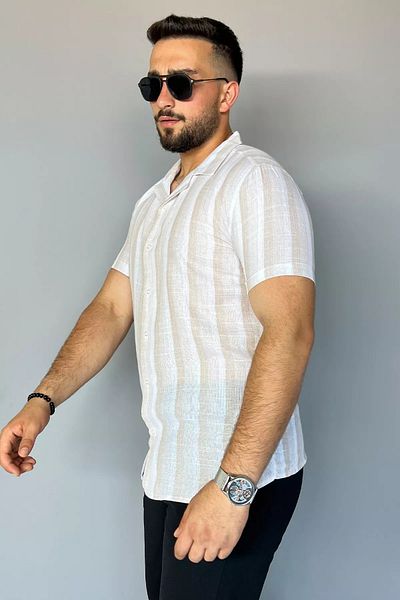 MİSHAR İTALİA Μπεζ λινό πουκάμισο με λεπτή εφαρμογή
