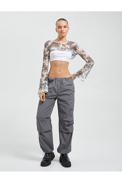 Koton Openwork Crochet Bolero - Long Sleeve, Crew Neck and Tie-Dye Patterned T-Shirt