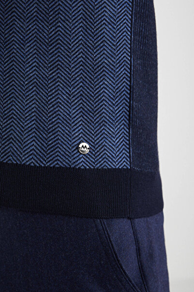 Hemington Çizgi Desenli Lacivert Merino Yün Triko Yelek