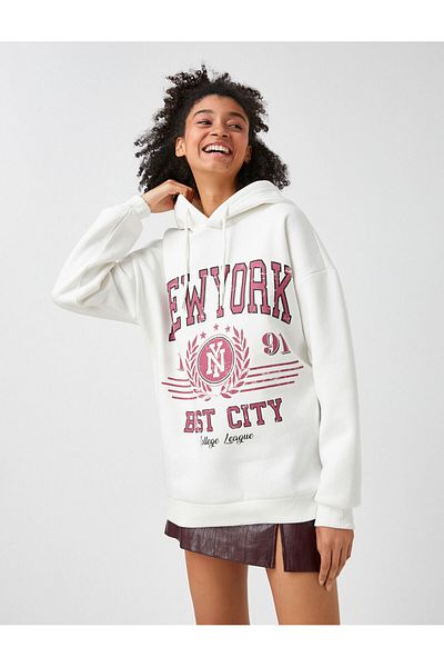 Koton Oversize Hooded Sweatshirt With Pockets Printed Inside Fleece
