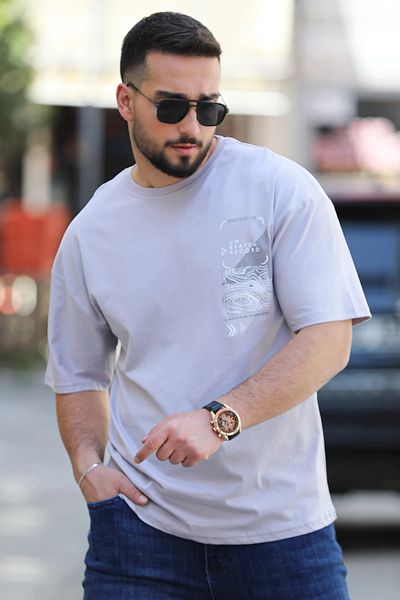 MİSHAR İTALİA Ανδρικό μπλουζάκι με στάμπα σε γκρι λαιμόκοψη